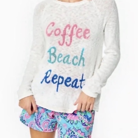 Lilly Pulitzer Women’s White Long Sleeve Sweater Coffee Beach Repeat Small - Picture 12 of 13